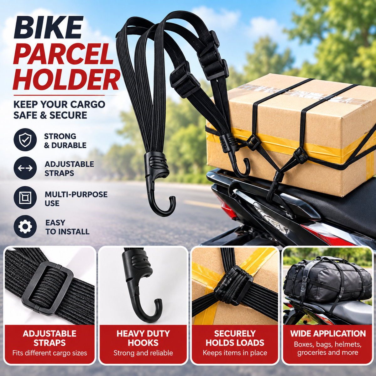 Adjustable Motorcycle Cargo Bungee Net with Hooks